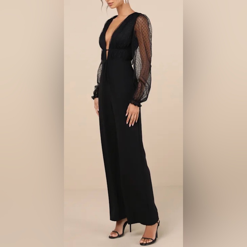 Lulus NWT “Sweet Twist” Black Swiss Dot Tulle Long Sleeve Jumpsuit. Size Small. - Picture 11 of 11